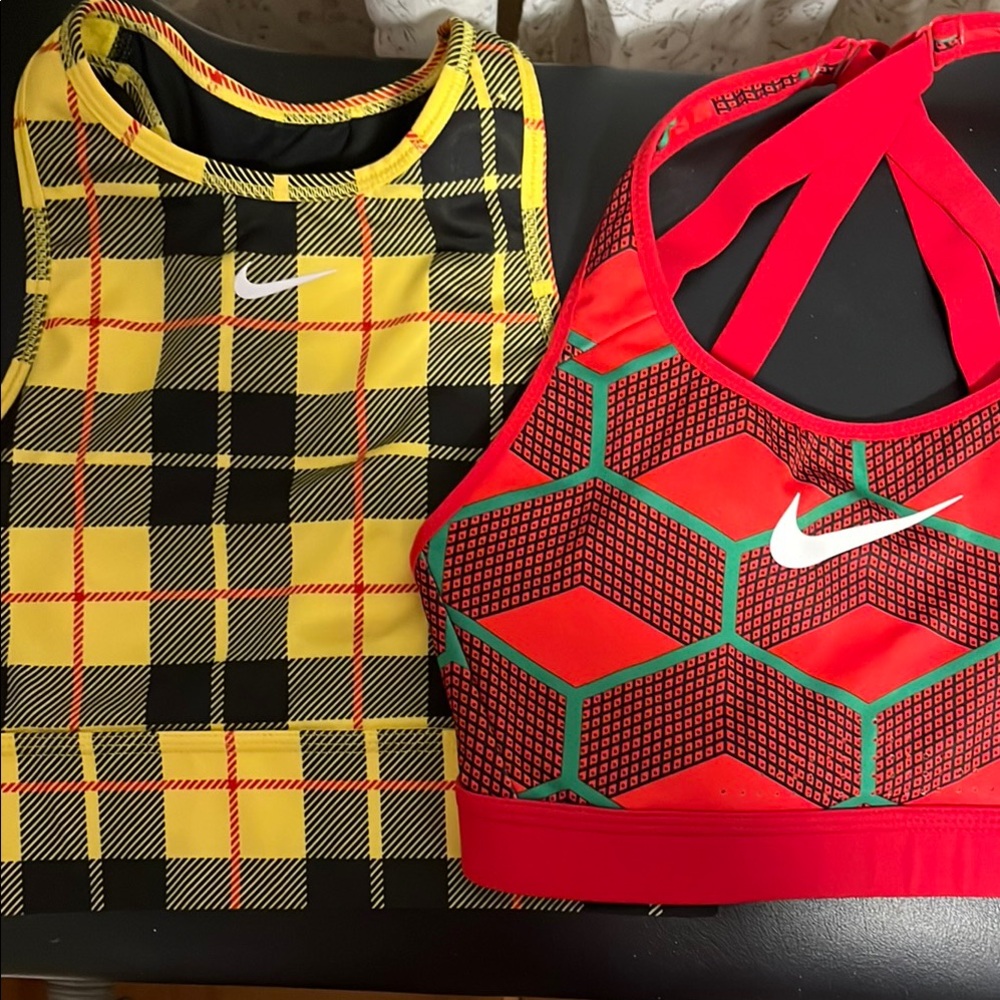Nike Black and Yellow Plaid & Red Kenya Olympic team Sports Bras lot of 2